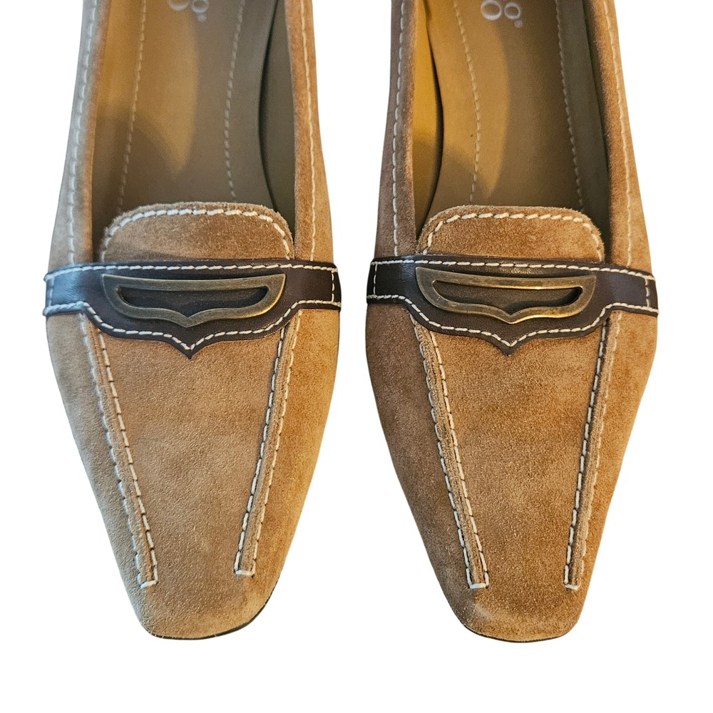 Franco Sarto Womens Tan Suede Kitten Heel Loafers Brown Leather Trim Size 8.5M - Picture 4 of 8